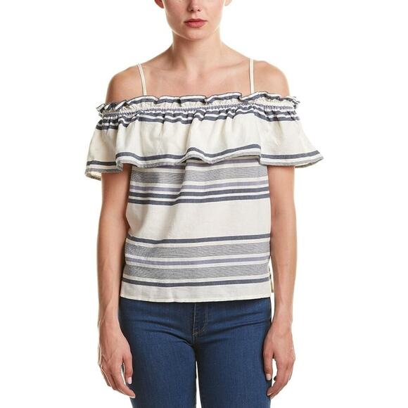 Splendid Womens Small Off-the-Shoulder Ruffle Overlay Blue/Off-White Striped Top - Picture 1 of 7